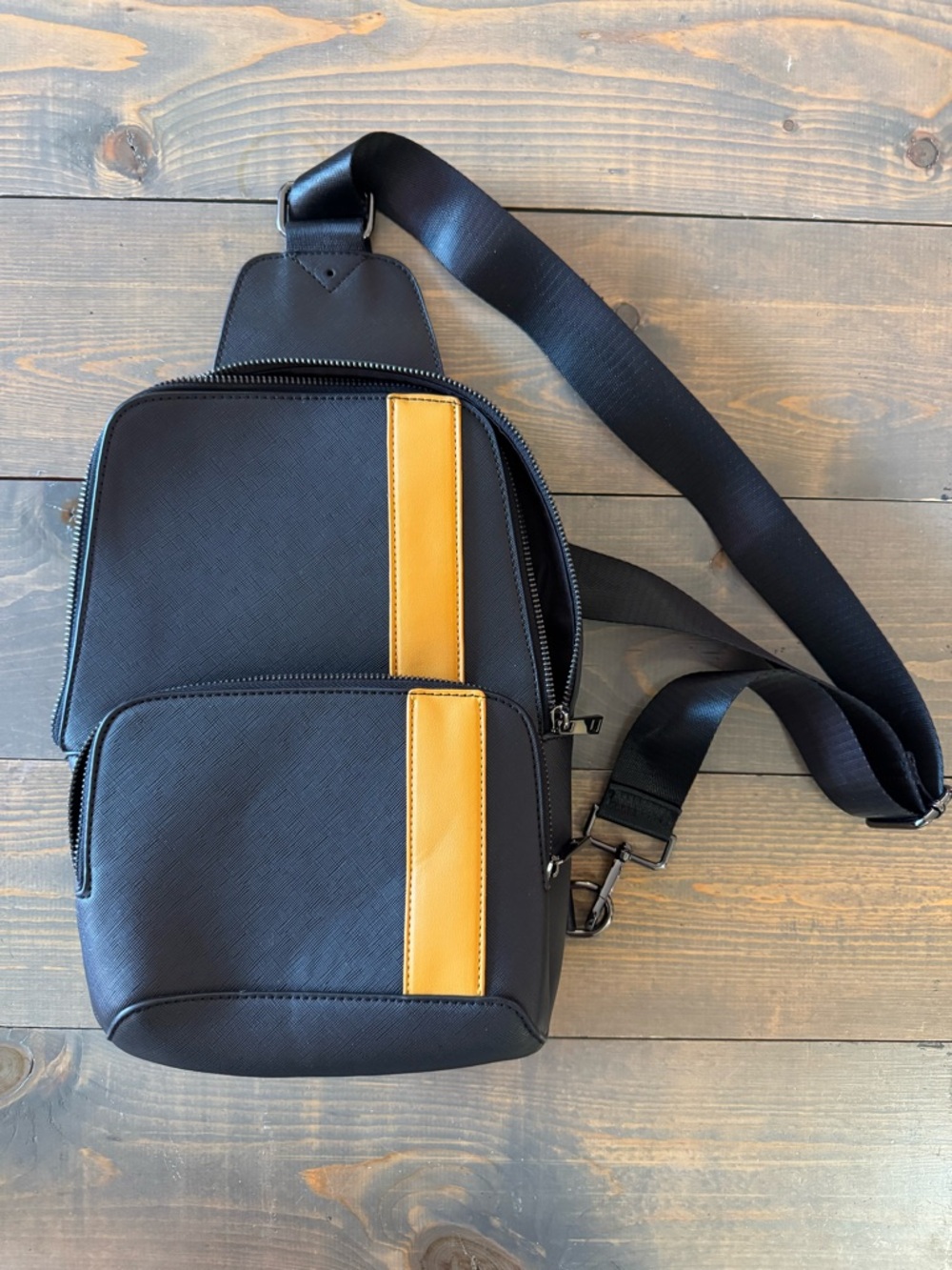 47th Ave Black & Yellow Stripe Sling Crossbody Backpack Structured Travel Bag